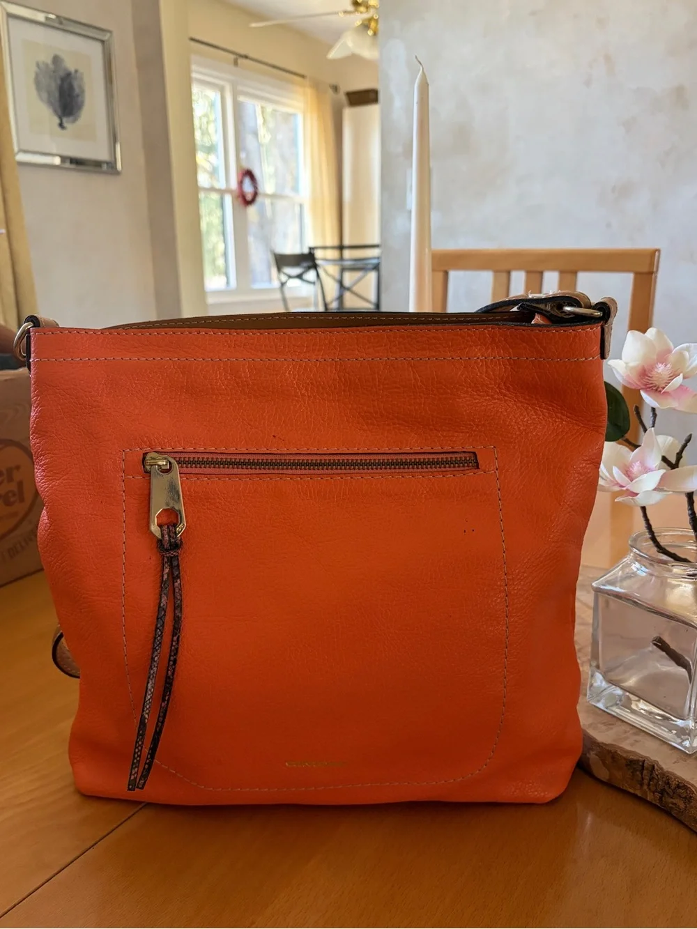 Dimoni Orange Leather Crossbody Bag with Tan Strap